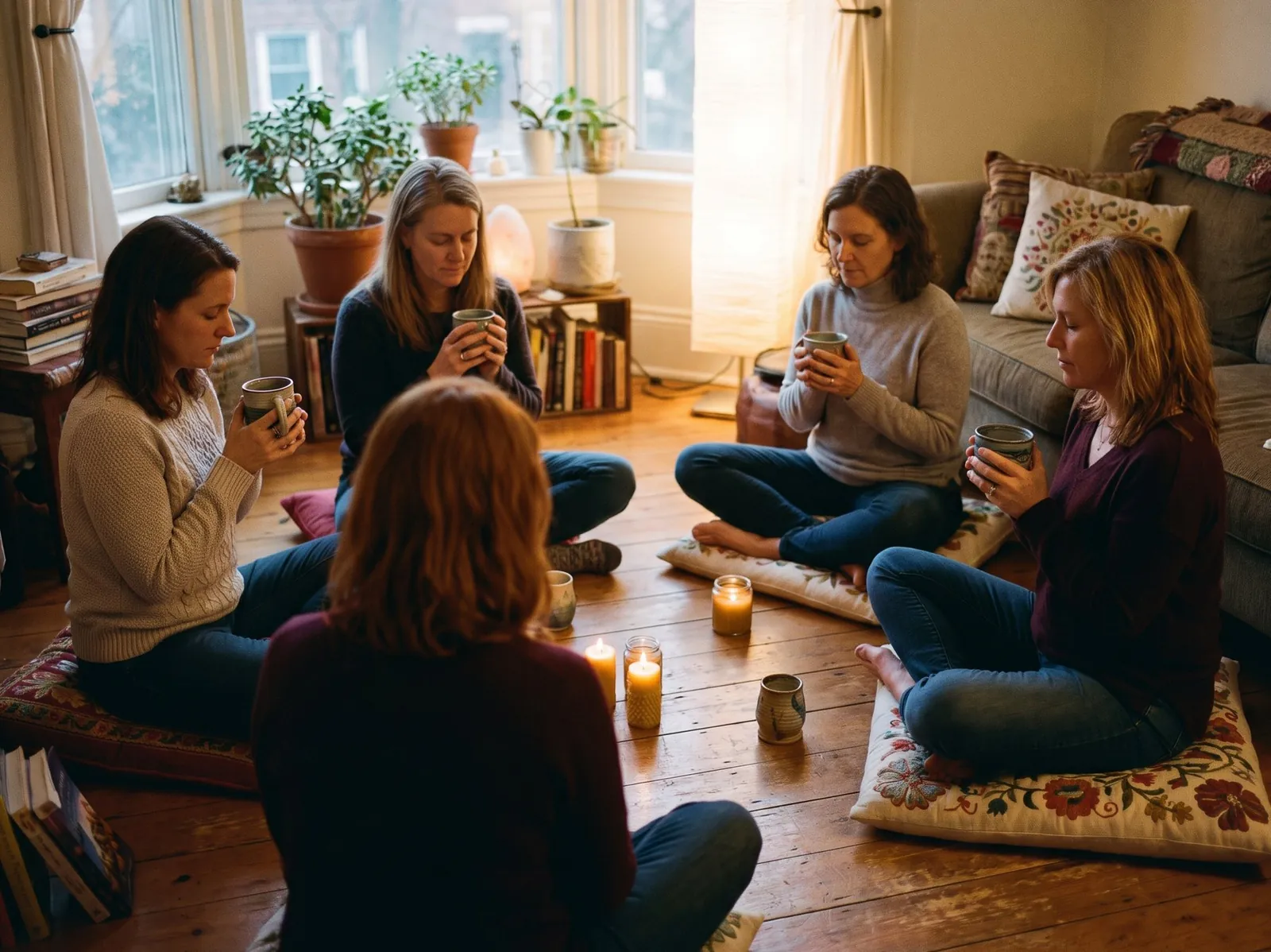 Women sitting in a small circle at home, holding their cups of Cacao